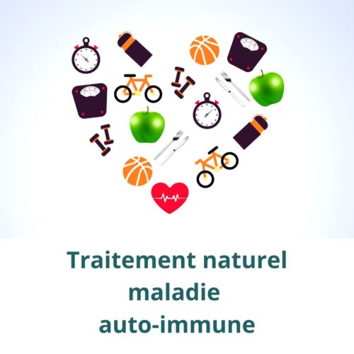 Design avec des symboles d'alimentation et d'exercice physique avec les titre "traitement naturel maladie auto-immune".