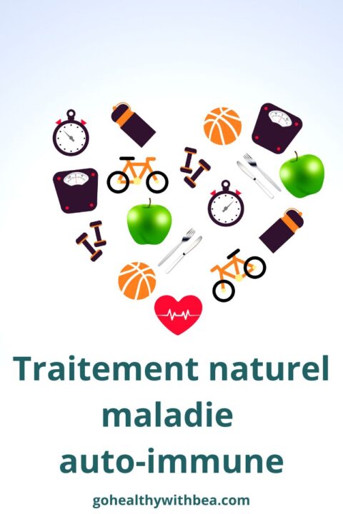 Design avec des symboles d'alimentation et d'exercice physique avec les titre "traitement naturel maladie auto-immune".
