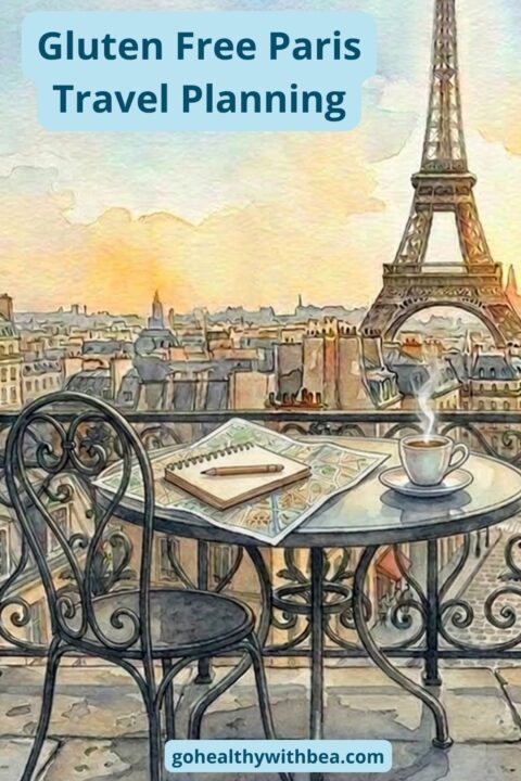 A watercolor of Paris with the text overlay "gluten free Paris travel planning".