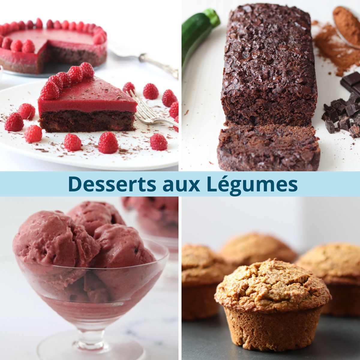 Collage de 4 photos de desserts aux légumes.