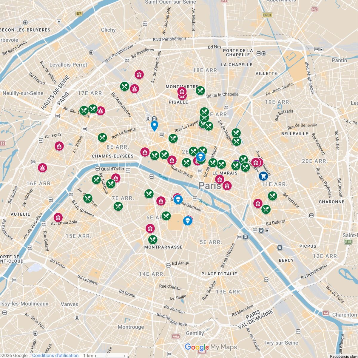 A map of all 100% gluten free places in Paris.