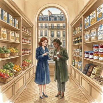 Drawing of a woman guiding another woman through a grocery store to find gluten free products.