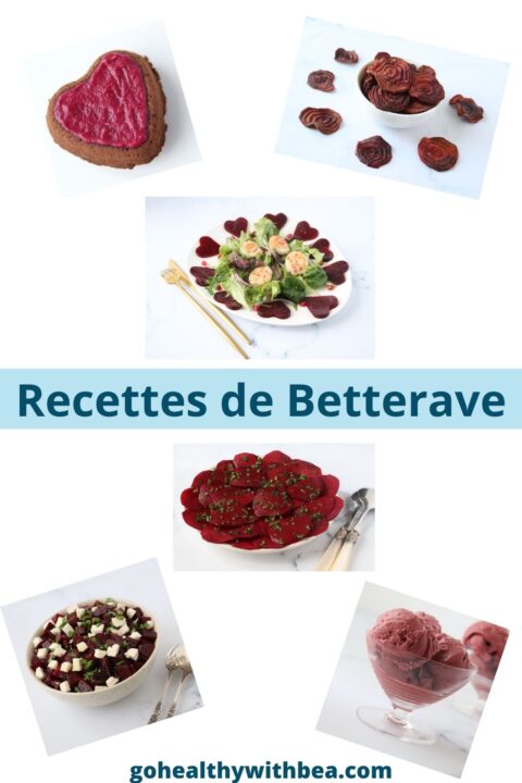 Collage avec 6 photos de recettes avec de la betterave rouge.
